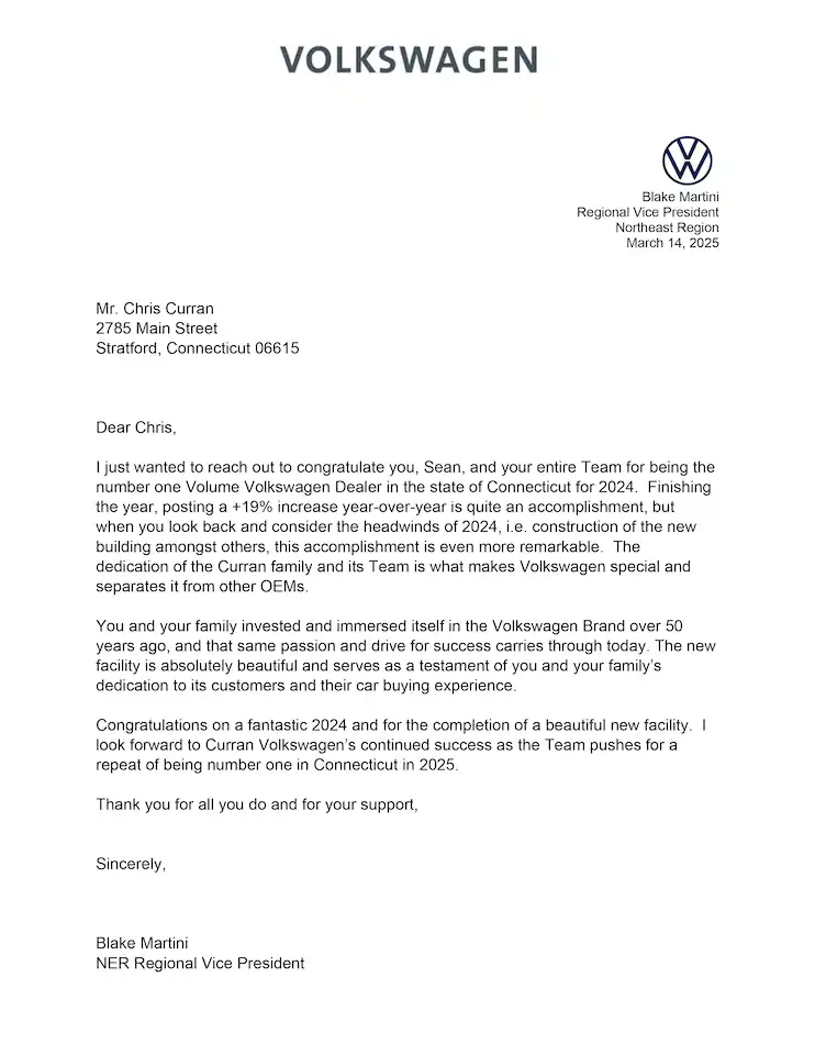 Letter from Volkswagen Regional VP congratulating Curran Volkswagen