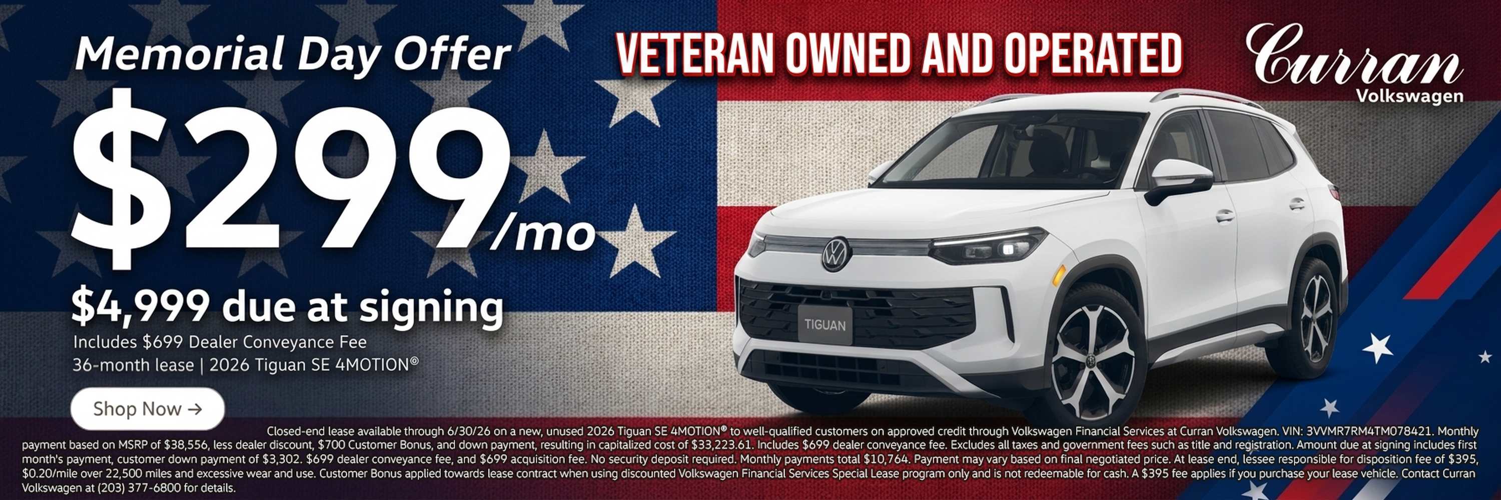 Memorial Day Offer: lease a 2026 Tiguan SE 4MOTION for $299/mo, $4,999 due at signing, 36-month lease